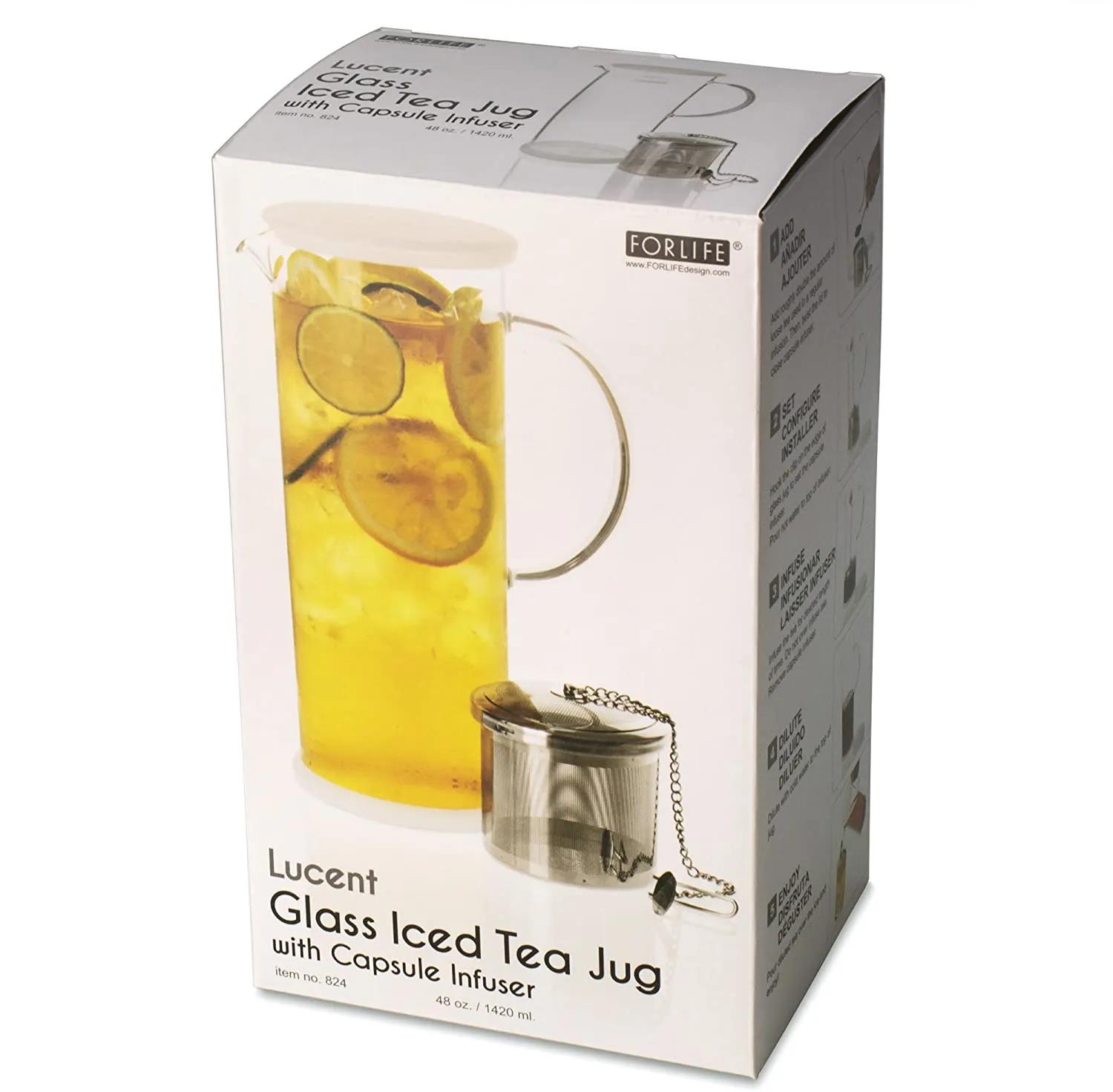FORLIFE LUCENT Glass Iced Tea Jug with Capsule Infuser, 48-Ounce, Frost
