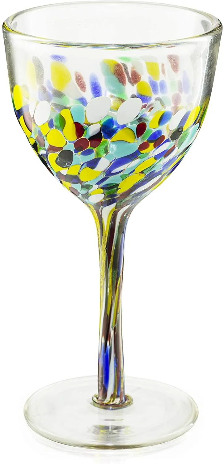 Mexican Wine Glasses Set of 6, Pebble Confetti Mexican Luxury Hand Blown Wine and Water Glasses (8 ounces each)