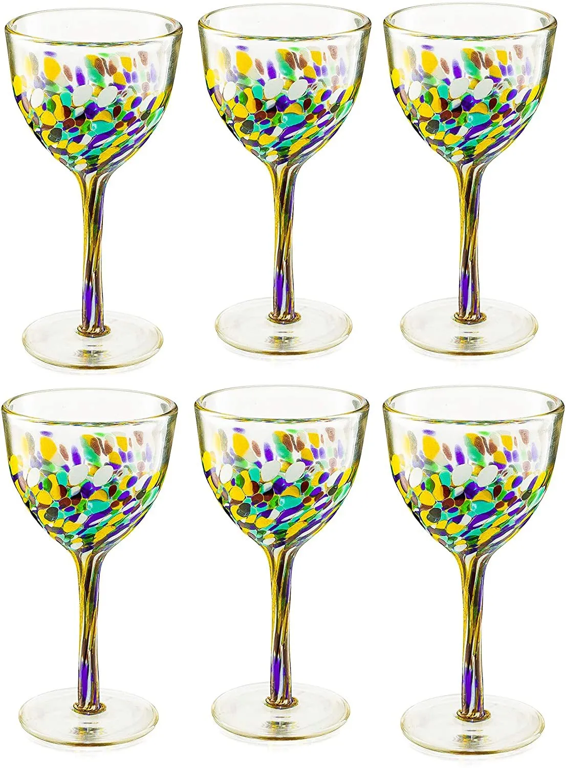 Mexican Wine Glasses Set of 6, Pebble Confetti Mexican Luxury Hand Blown Wine and Water Glasses (8 ounces each)