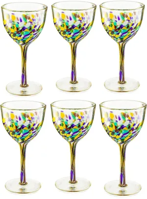 Mexican Wine Glasses Set of 6, Pebble Confetti Mexican Luxury Hand Blown Wine and Water Glasses (8 ounces each)