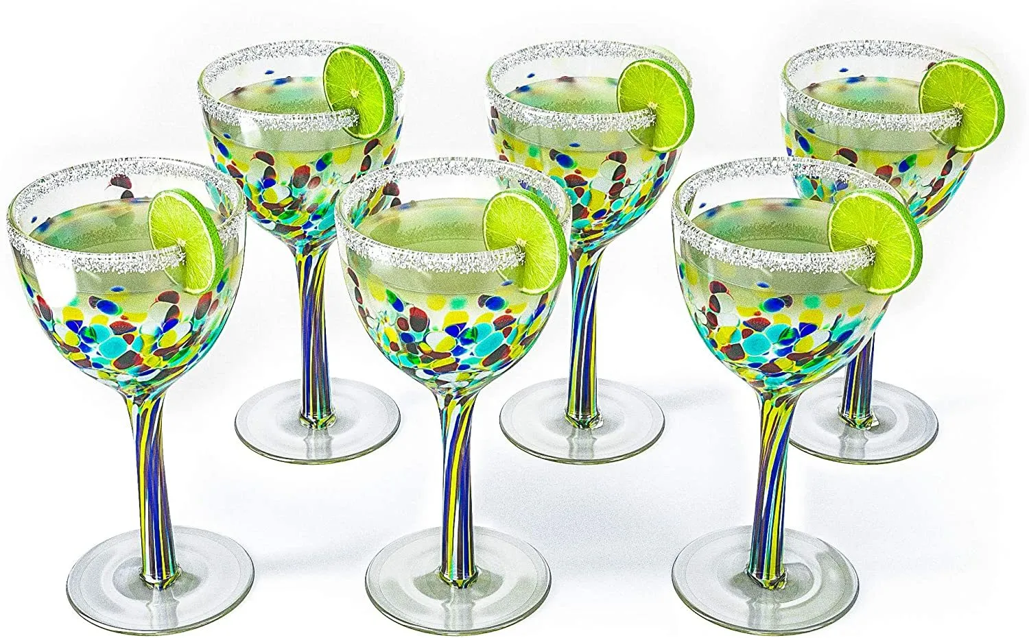 Mexican Wine Glasses Set of 6, Pebble Confetti Mexican Luxury Hand Blown Wine and Water Glasses (8 ounces each)