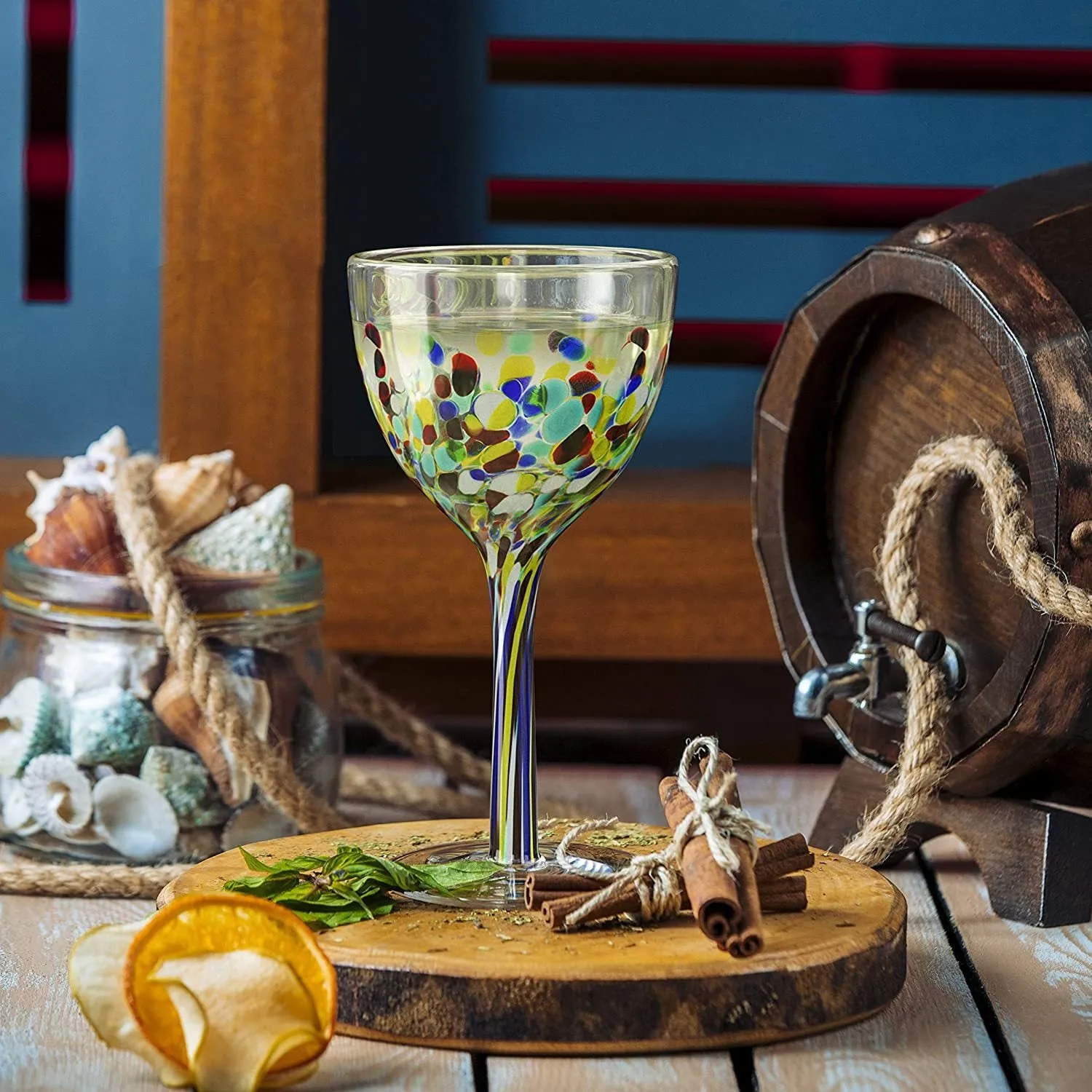 Mexican Wine Glasses Set of 6, Pebble Confetti Mexican Luxury Hand Blown Wine and Water Glasses (8 ounces each)