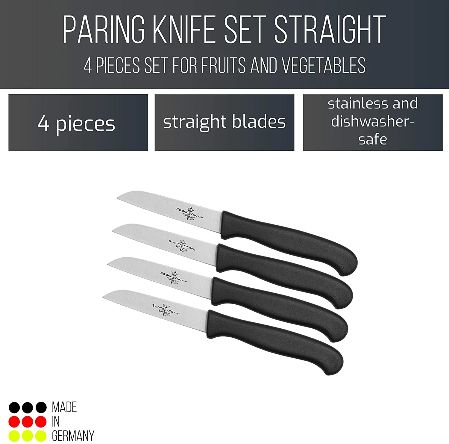 Sword & Crown Professional (Made in Germany, Solingen) Set of 4 Easy to Grip Rust and Corrosion Free Dishwasher Safe 3.5" Paring Knife/Vegetable Knife (4pc)