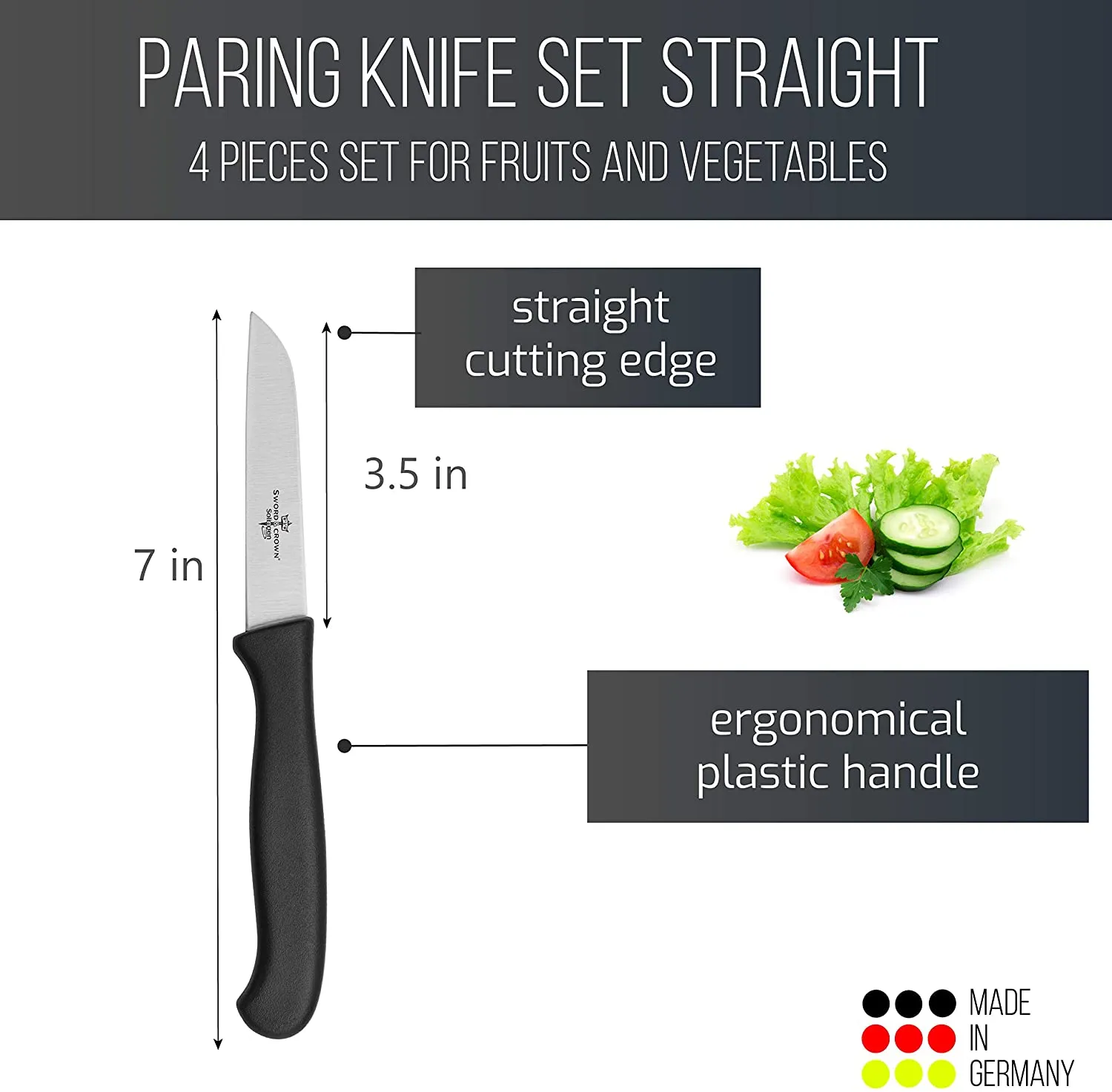 Sword & Crown Professional (Made in Germany, Solingen) Set of 4 Easy to Grip Rust and Corrosion Free Dishwasher Safe 3.5" Paring Knife/Vegetable Knife (4pc)