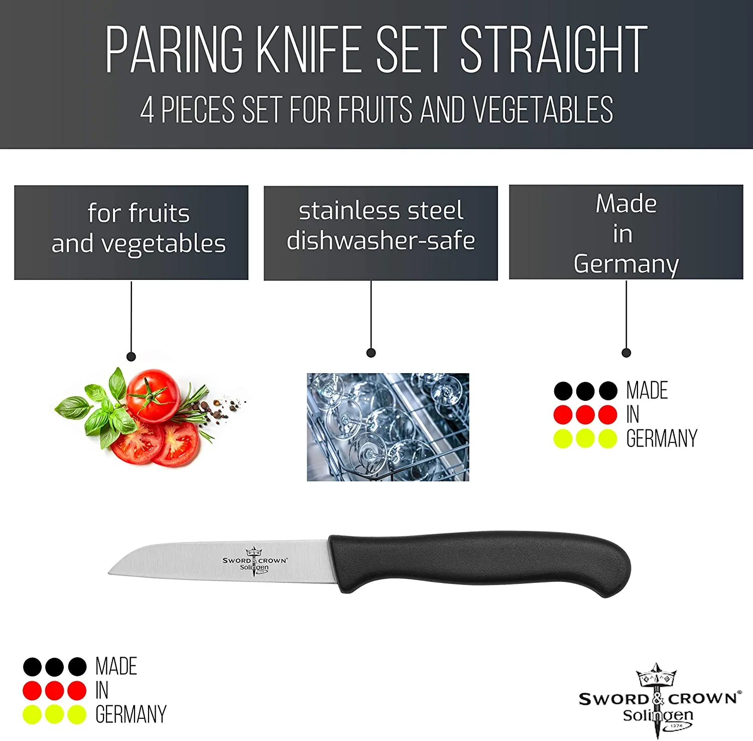 Sword & Crown Professional (Made in Germany, Solingen) Set of 4 Easy to Grip Rust and Corrosion Free Dishwasher Safe 3.5" Paring Knife/Vegetable Knife (4pc)