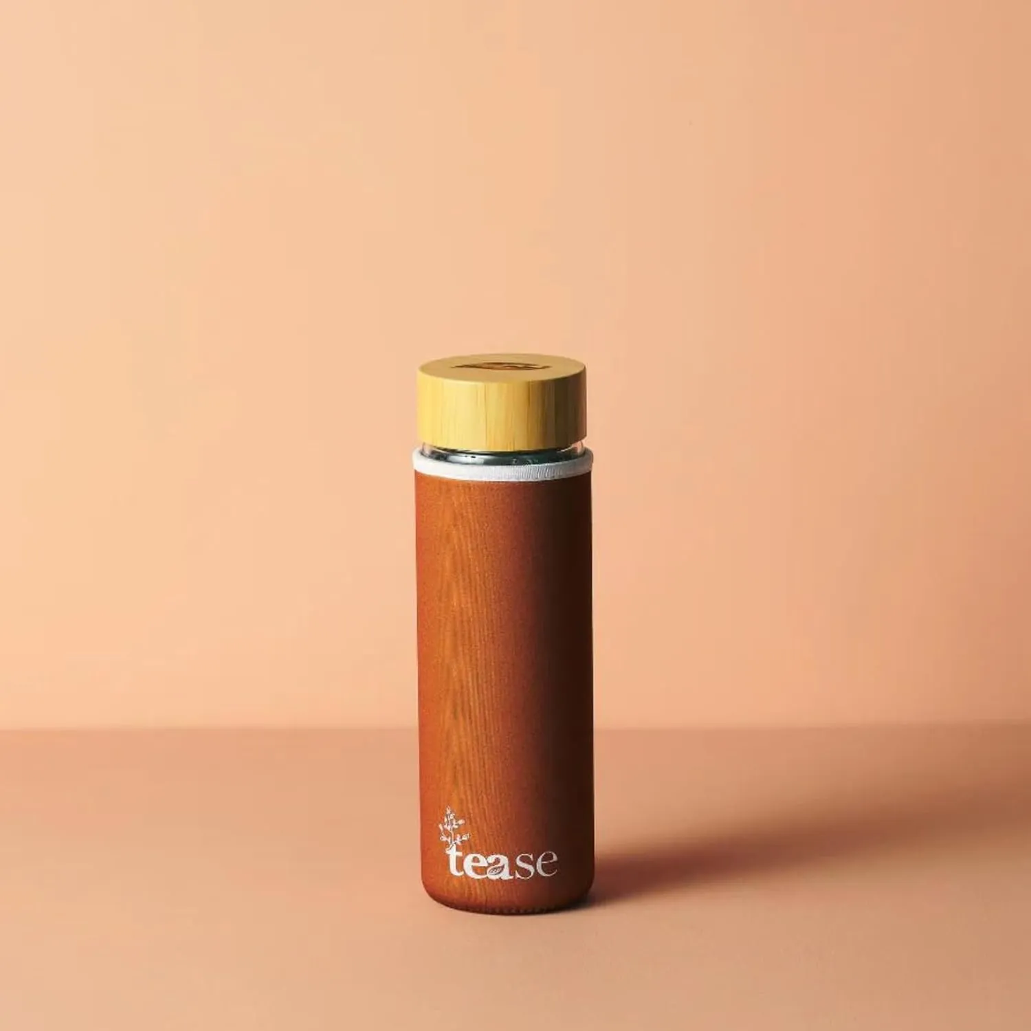 Tease Tea Glass & Bamboo Tea Tumbler 3 in 1 Versatile Infuser to Brew Tea, Coffee, Fruit Water Infused Drinks Mocktails, Includes Neoprene Sleeve Handle, Bamboo Lid, Airtight Leak-Proof 450ml (Cinnamon)